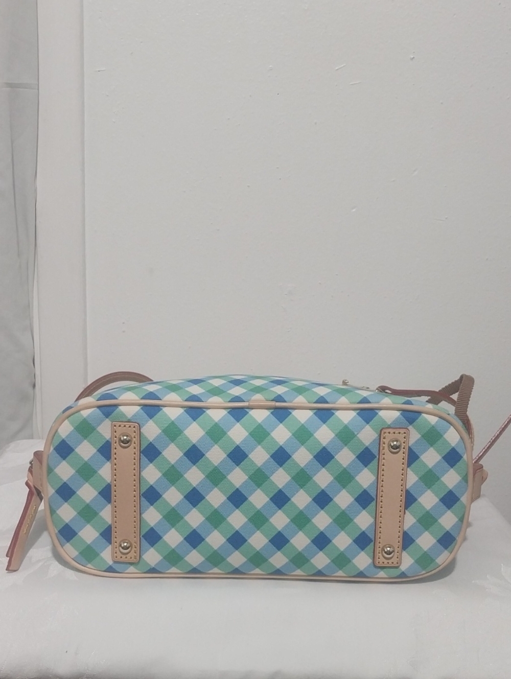 Dooney & Bourke Blue and Green Plaid Satchel with Tan Trim - Picture 3 of 4